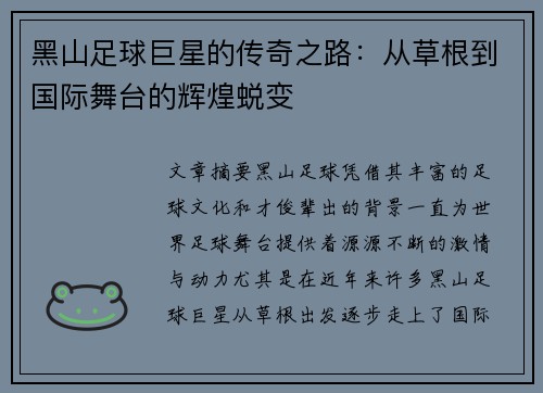 黑山足球巨星的传奇之路：从草根到国际舞台的辉煌蜕变