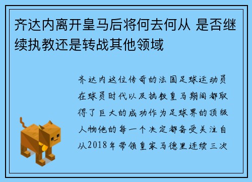 齐达内离开皇马后将何去何从 是否继续执教还是转战其他领域
