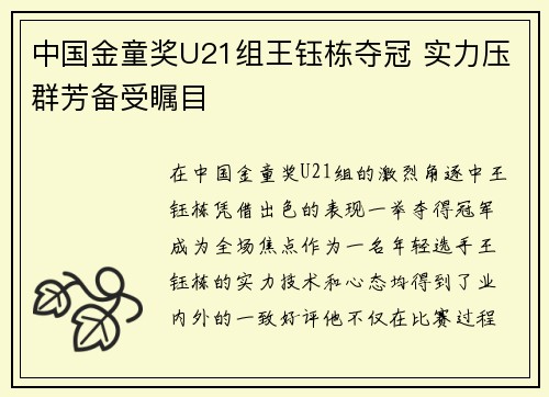 中国金童奖U21组王钰栋夺冠 实力压群芳备受瞩目