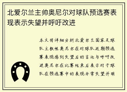 北爱尔兰主帅奥尼尔对球队预选赛表现表示失望并呼吁改进
