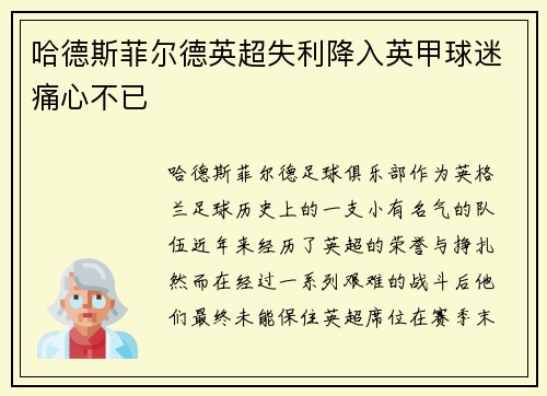 哈德斯菲尔德英超失利降入英甲球迷痛心不已